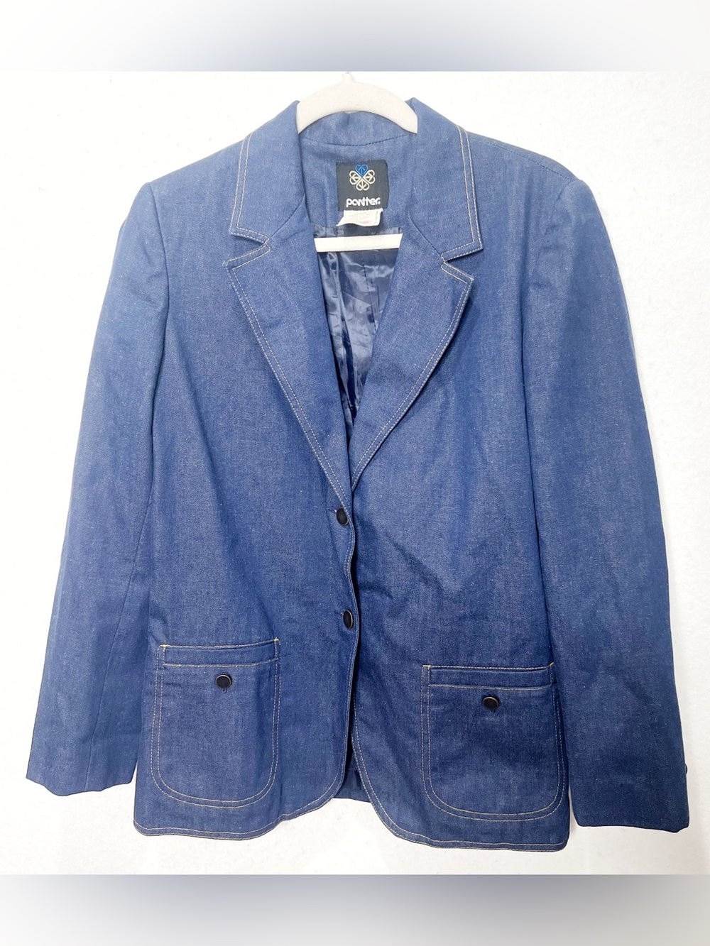Vintage Pontier Denim Blazer Union Made USA Contrast Stitch Patch Pockets